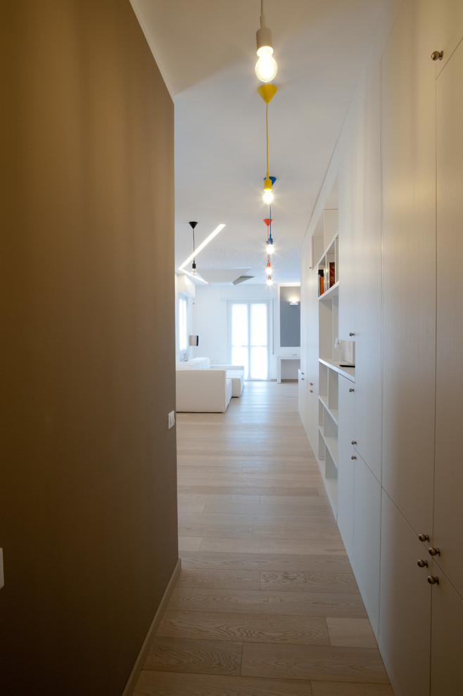 Small contemporary hallway in Other with brown walls, light hardwood floors and brown floor.