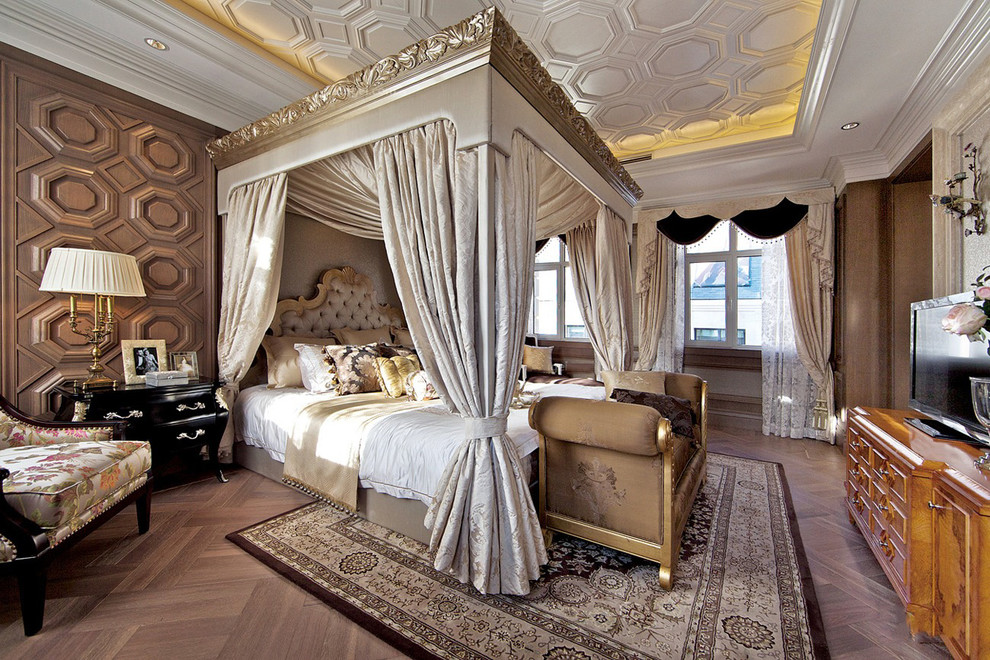 Photo of a medium sized victorian master bedroom in Los Angeles with beige walls and carpet.