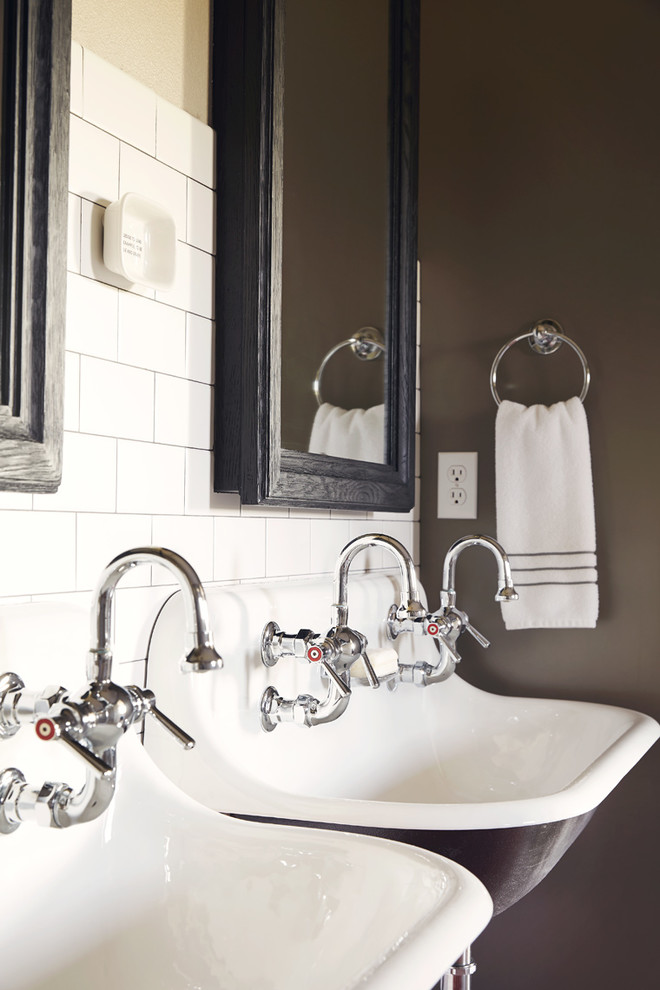 Bathroom - large rustic kids' white tile and subway tile bathroom idea with a wall-mount sink