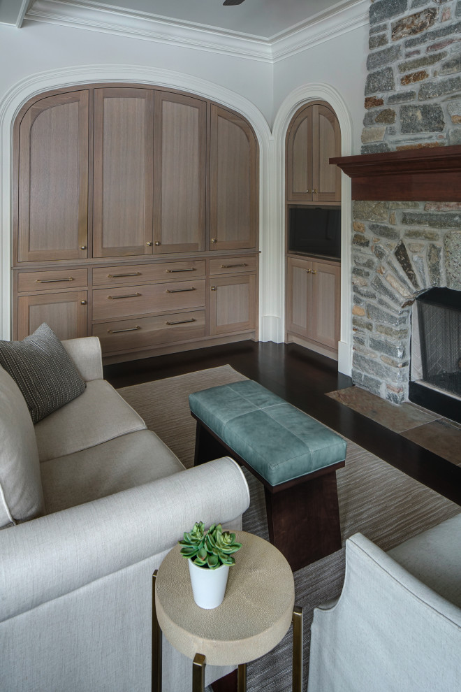 Inspiration for a large transitional u-shaped dark wood floor, brown floor and coffered ceiling eat-in kitchen remodel in Chicago with an undermount sink, beaded inset cabinets, white cabinets, marble countertops, white backsplash, marble backsplash, stainless steel appliances, an island and white countertops