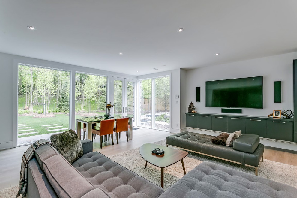 Basement - large transitional walk-out light wood floor basement idea in Toronto with white walls