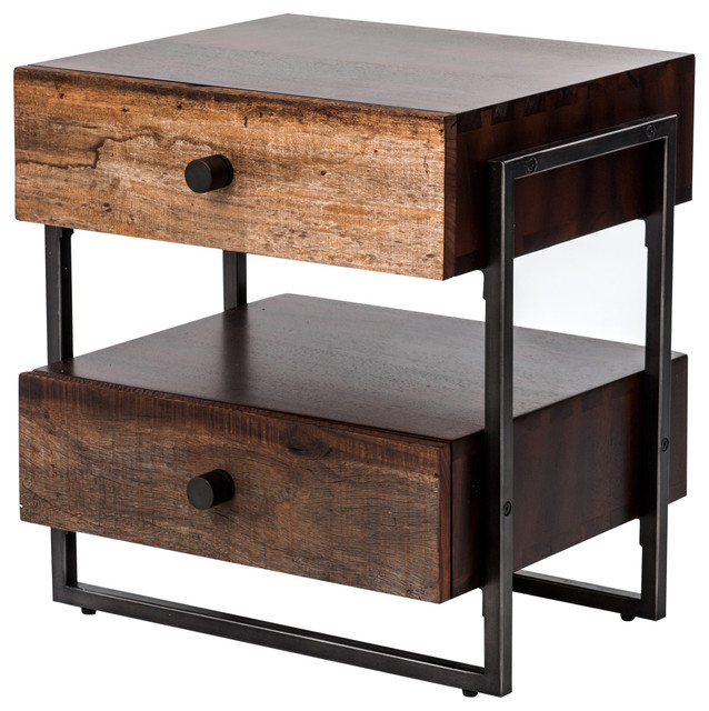 Milo Reclaimed Wood Industrial 2 Drawer End Table Industrial Side