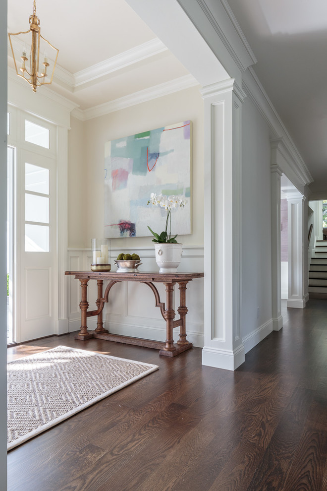 Inspiration for a mid-sized traditional foyer in San Francisco with dark hardwood floors, a single front door, beige walls and a white front door.