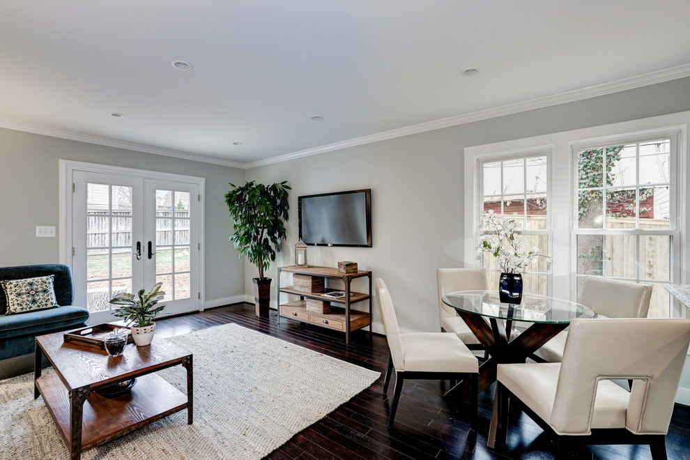 Photo of a mid-sized transitional open concept family room in DC Metro with grey walls, dark hardwood floors, no fireplace and a wall-mounted tv.