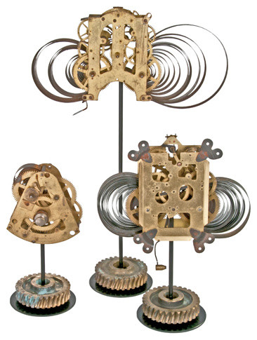 Set of Three Vintage Brass Clock Mechanisms on Stands