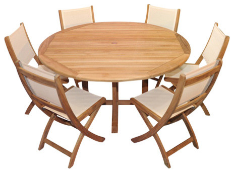 Teak Dining Set 60" Round Table and 6 Sling Chairs, Cream