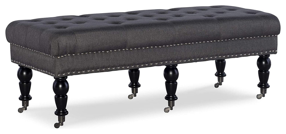 Unique Upholstered Bench, Black Legs With Wheels and Tufted Charcoal Linen Seat