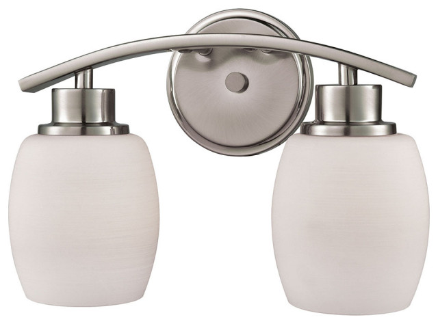 Casual Traditional 2-Light for The Bath, Brushed Nickel With White Lined Glass