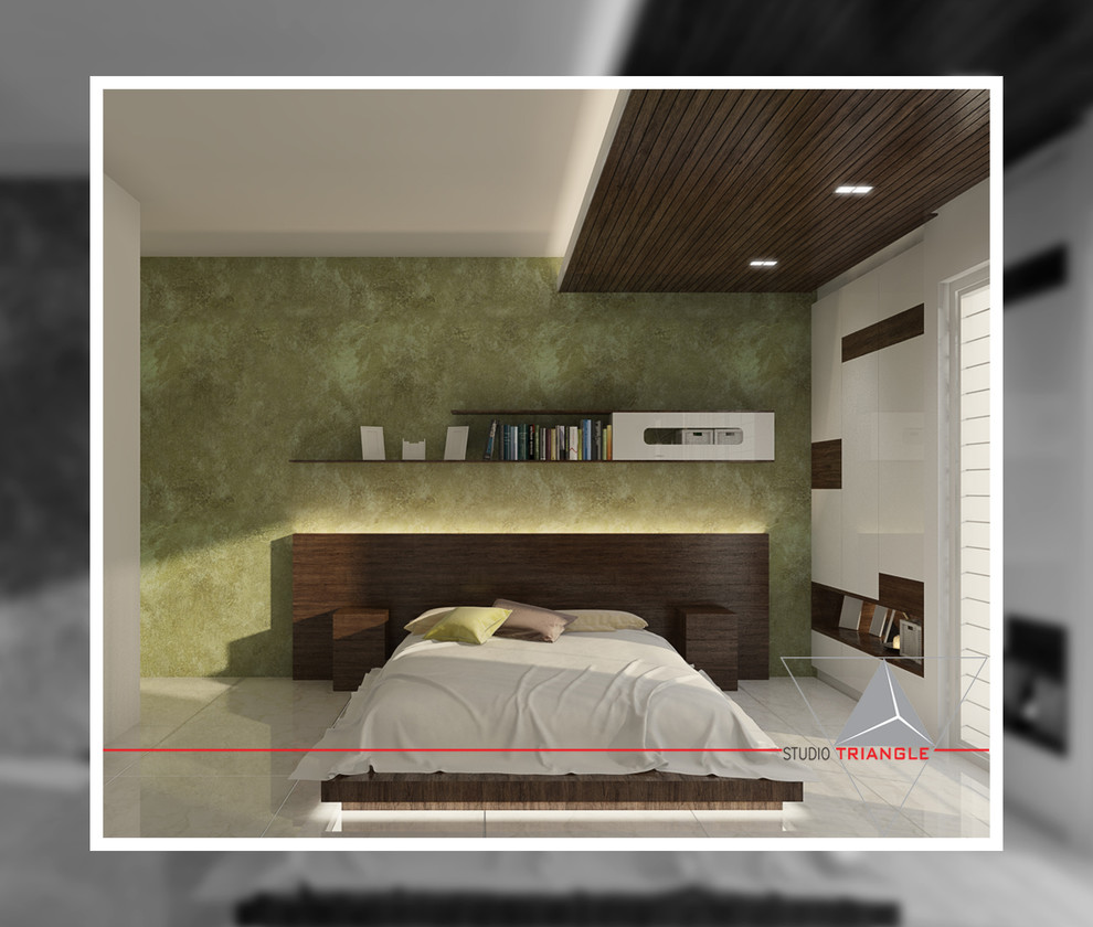 Example of a mid-sized minimalist master ceramic tile and white floor bedroom design with multicolored walls