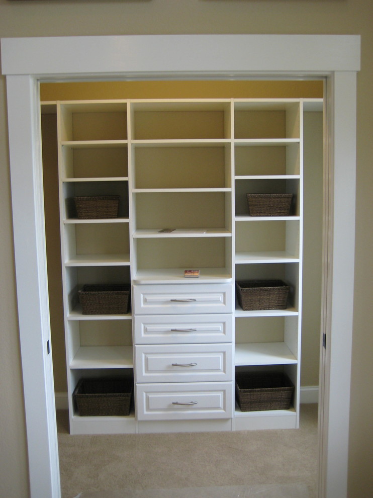 Inspiration for a mid-sized traditional gender-neutral walk-in wardrobe in Other with raised-panel cabinets, white cabinets and carpet.