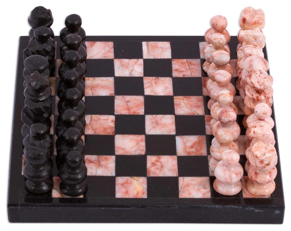 7.5 NOVICA 339074 Black and Grey Challenge Marble Chess Set 