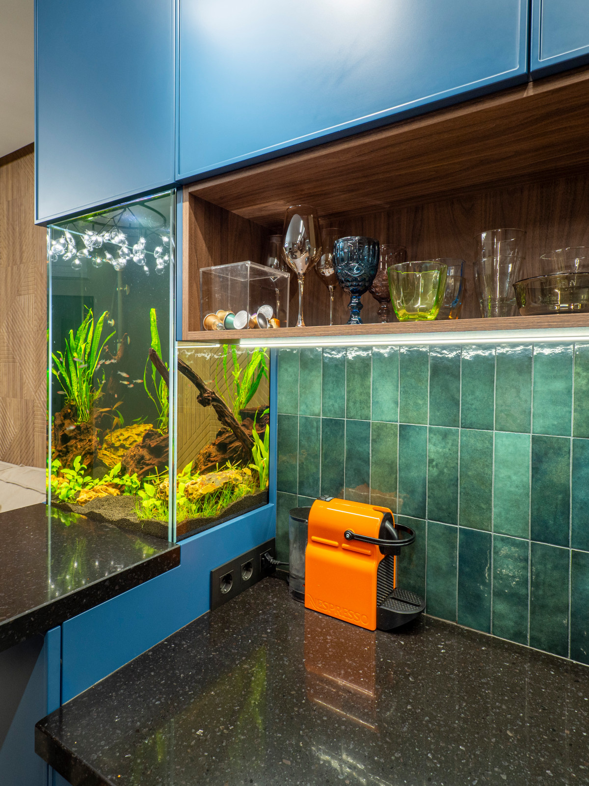 Кухня в современном стиле со встроенным аквариумом
