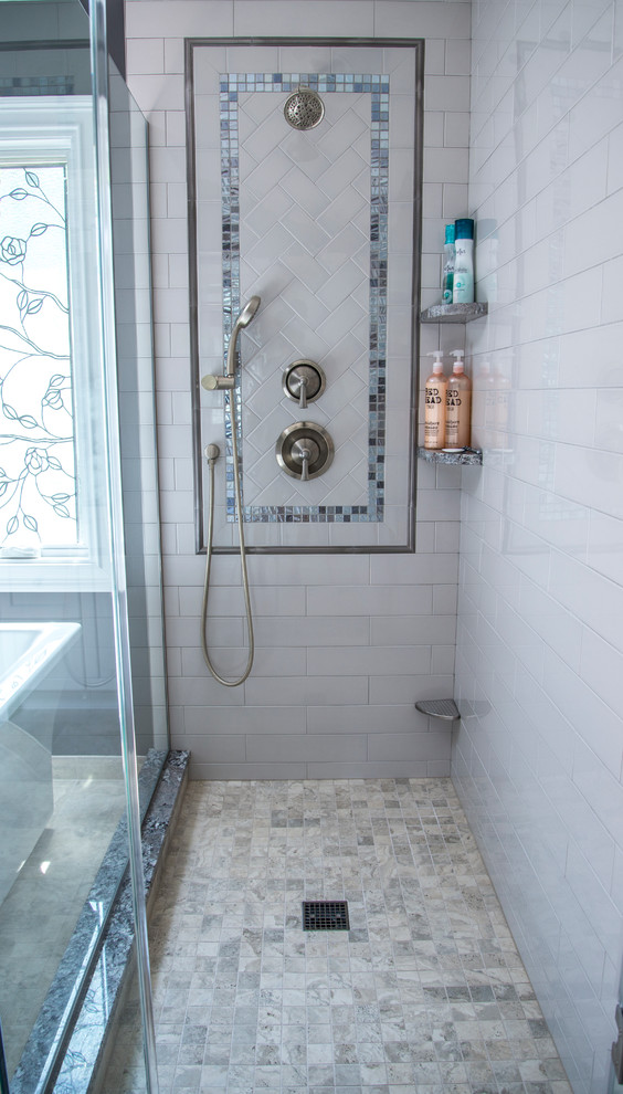 Mid-sized transitional master gray tile and subway tile porcelain tile freestanding bathtub photo in Chicago with flat-panel cabinets, white cabinets, a two-piece toilet, gray walls, an undermount sink and granite countertops