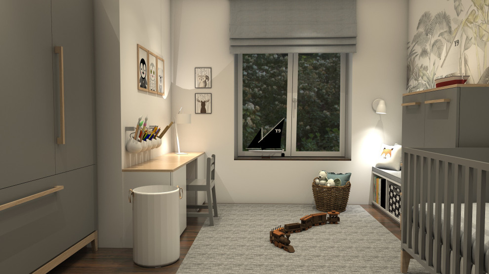 Mittelgroßes Nordisches Kinderzimmer mit dunklem Holzboden in München
