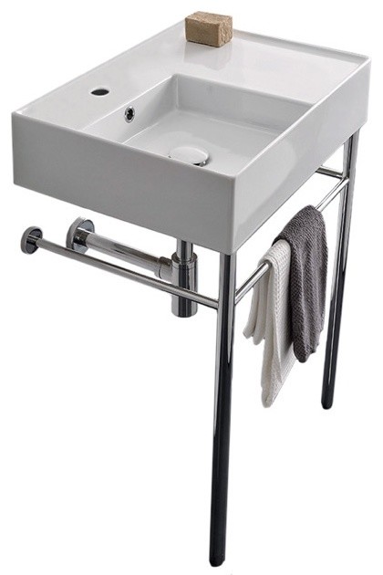Ceramic Console Sink and Polished Chrome Stand, One Hole