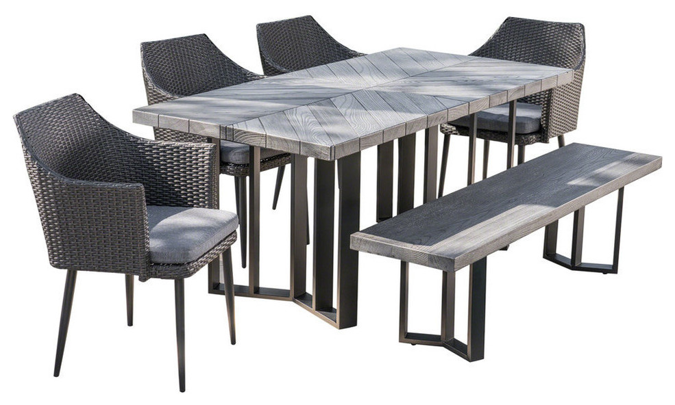 GDF Studio 6-Piece Tammy Outdoor Wicker Dining Set, Textured Gray Oak/Black/Gray