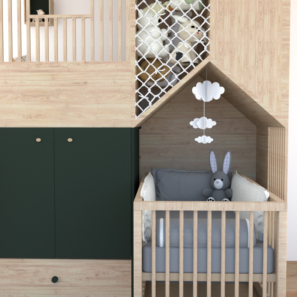 Aménagement d'une petite chambre de bébé neutre scandinave avec un mur vert et parquet clair.