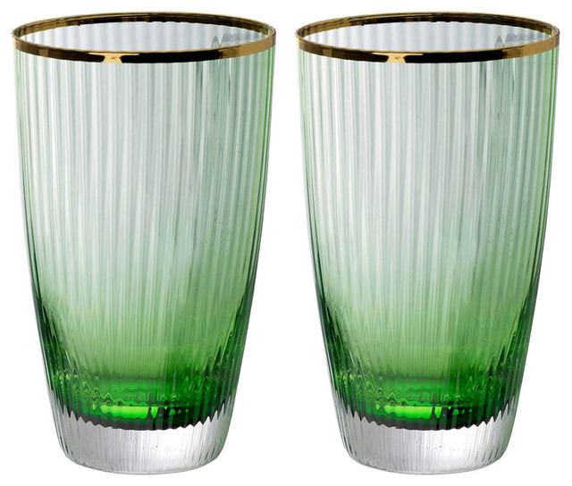 Green Glass Cup, Gold Rim, Set of 2, D3.5x5.5"