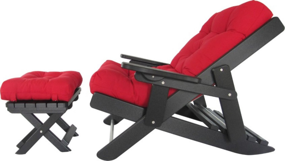 Folding Siesta Chair and Footrest, Poly Lumber Black and Canvas Jockey