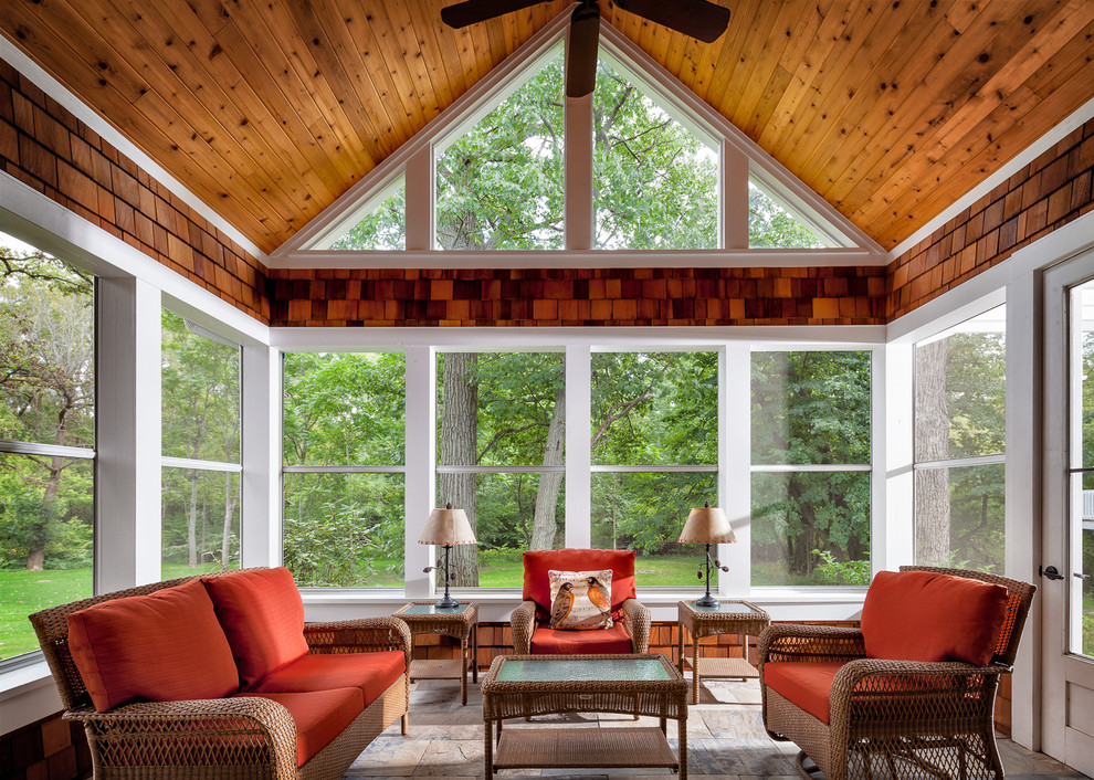 Inspiration for a mid-sized arts and crafts sunroom in Chicago with slate floors and a standard ceiling.