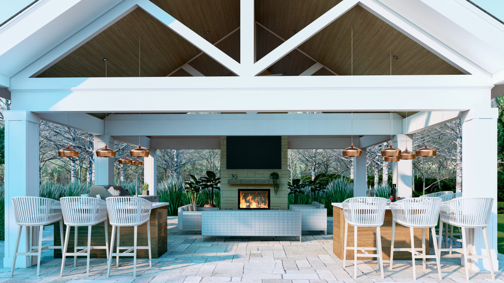 Imagen de patio tradicional renovado grande en patio trasero con cocina exterior, suelo de hormigón estampado y cenador