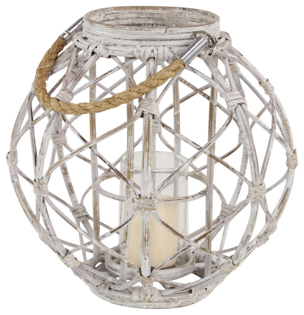 Round Woven Rattan Lantern with Jute Rope Handle and Glass Insert