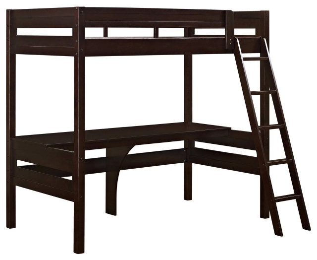 Traditional Loft Bed, Twin Size Design With Integrated Desk & Ladder
