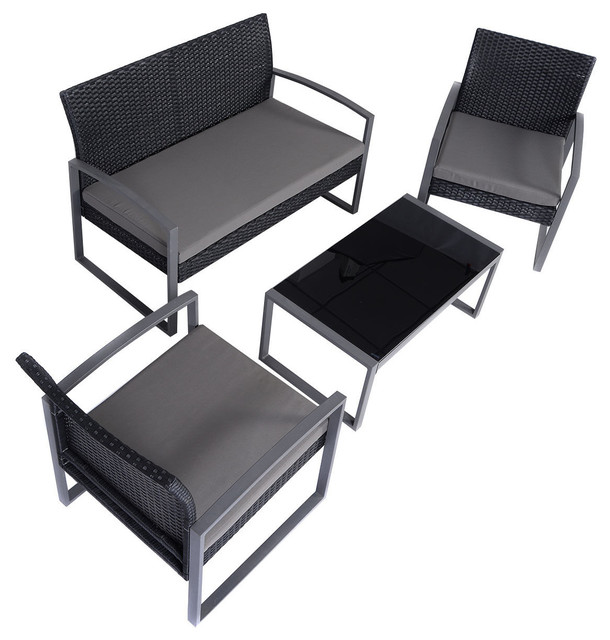 Goplus 4 PCS Outdoor Garden Black Rattan Wicker Sofa Set Furniture