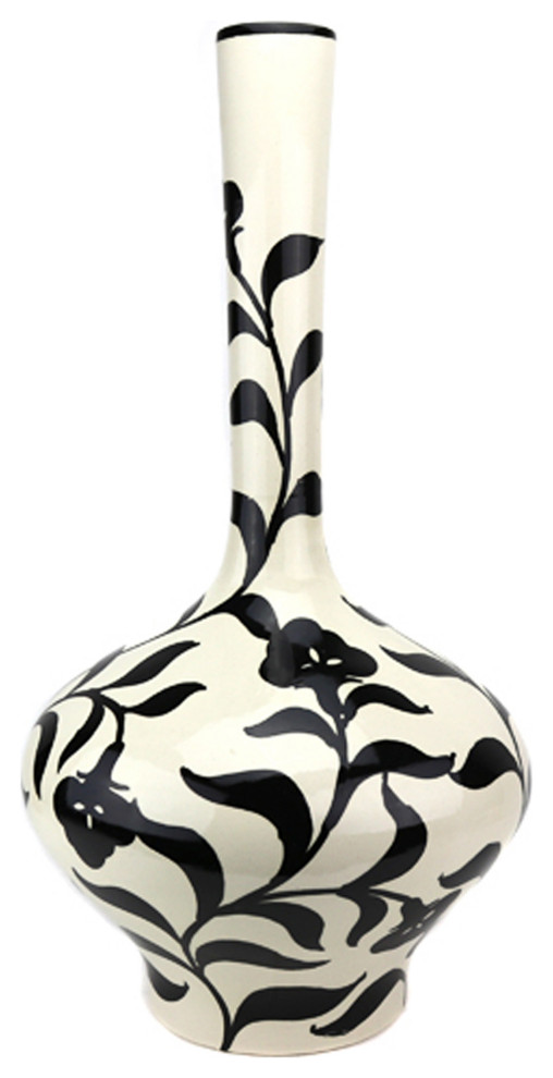 Lily Ceramic Vase Glazed White with Black Floral Design Contemporary