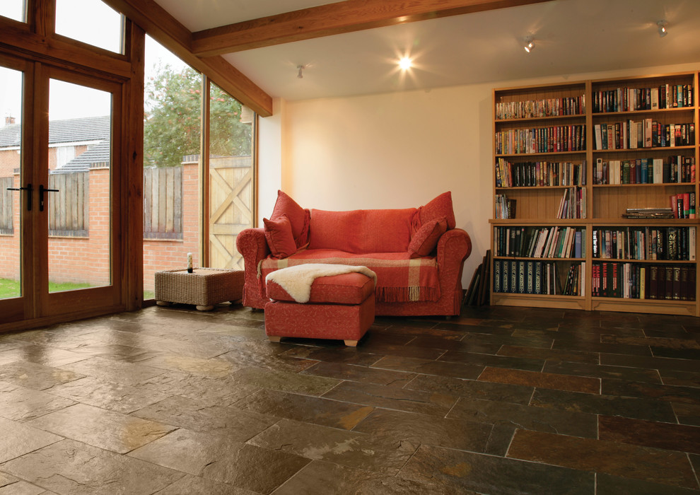 Design ideas for a medium sized rustic open plan living room with slate flooring and no tv.