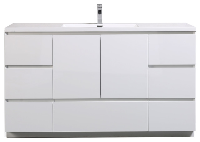 Moa 60" Single Sink Bathroom Vanity With 7 Drawers & Acrylic Sink, Gloss White