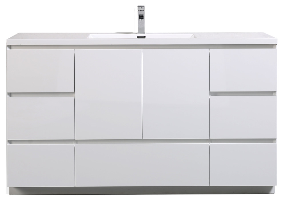 Moa 60" Single Sink Bathroom Vanity With 7 Drawers & Acrylic Sink, Gloss White