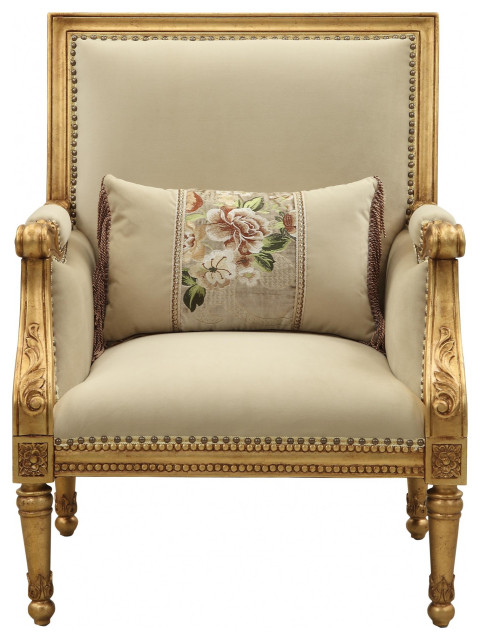 33" Beige And Gold Arm Chair And Toss Pillow