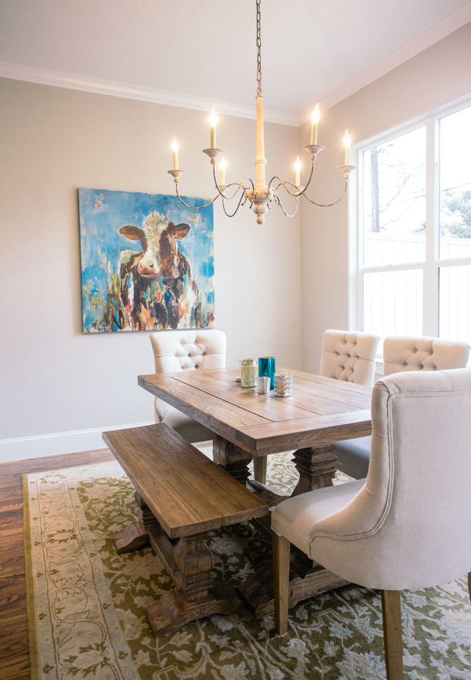 Dining room - cottage medium tone wood floor dining room idea in Dallas with gray walls