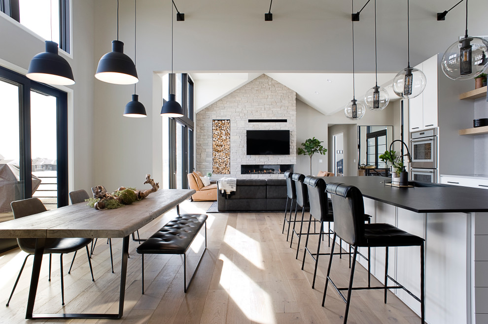Moderne Küche mit flächenbündigen Schrankfronten und Kücheninsel in Sonstige