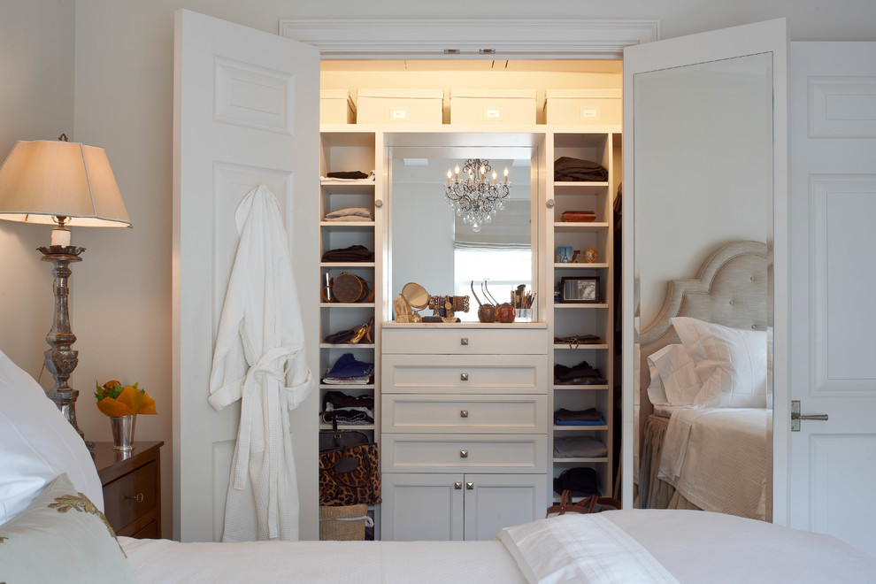 Inspiration for a transitional women's built-in wardrobe in New York with recessed-panel cabinets and white cabinets.
