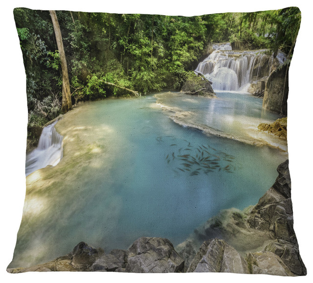 Erawan Waterfall Top View Photography Throw Pillow Contemporary Decorative Pillows By Design Art Usa