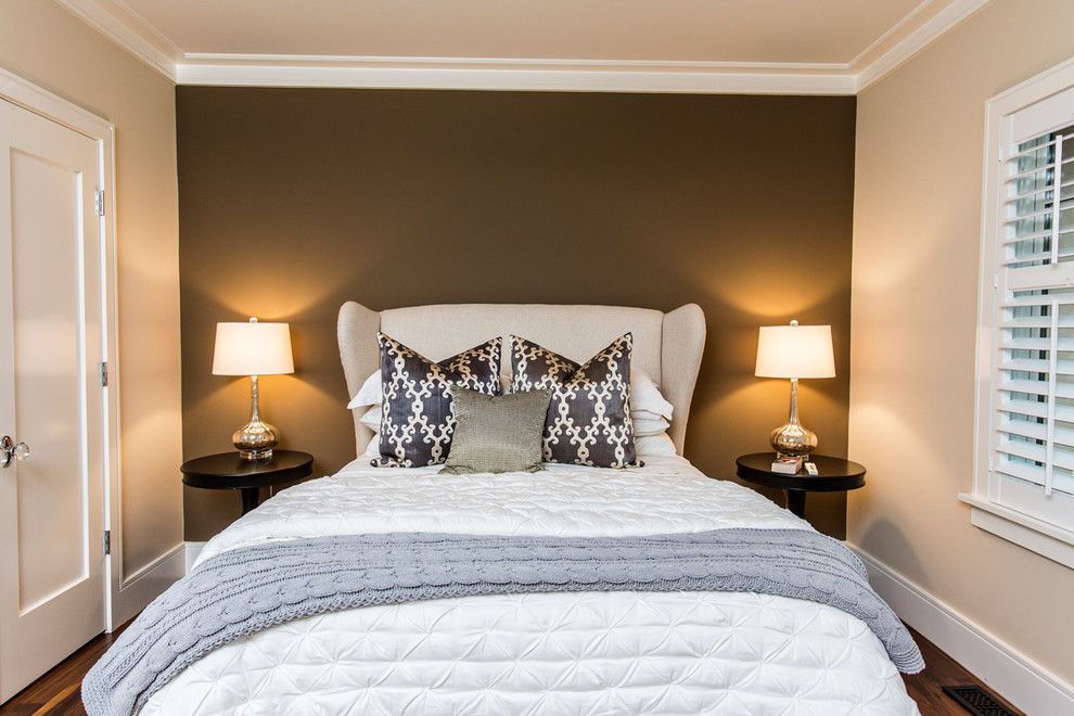 Design ideas for a transitional bedroom in Charleston with brown walls.