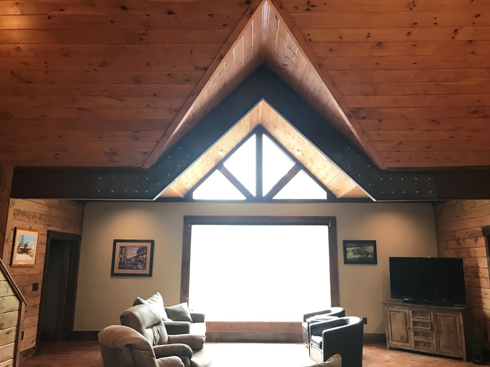 Mid-sized mountain style medium tone wood floor and brown floor open concept kitchen photo