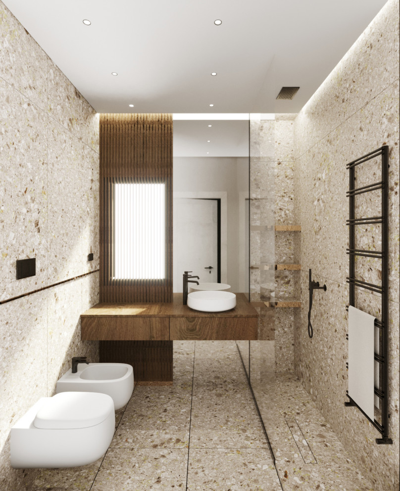Inspiration for a small contemporary 3/4 bathroom with beaded inset cabinets, medium wood cabinets, a curbless shower, a wall-mount toilet, beige tile, stone slab, beige walls, limestone floors, a vessel sink, wood benchtops, beige floor, an open shower, brown benchtops, a niche, a single vanity, a floating vanity, recessed and brick walls.