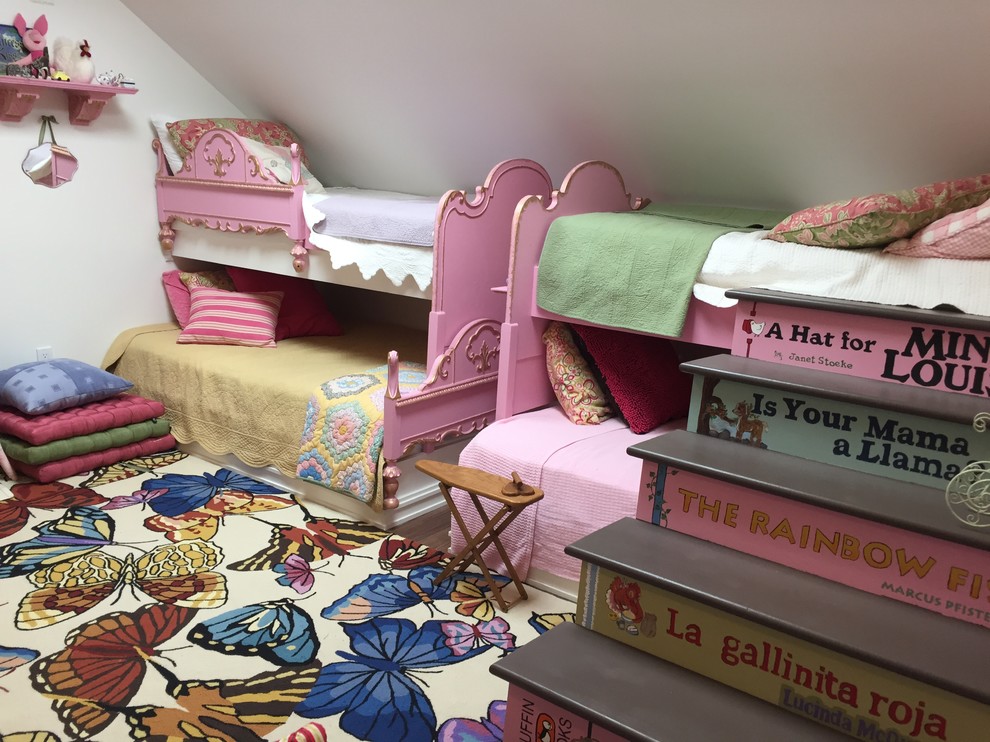 This is an example of a mid-sized traditional kids' bedroom for kids 4-10 years old and girls in DC Metro with white walls, carpet and multi-coloured floor.