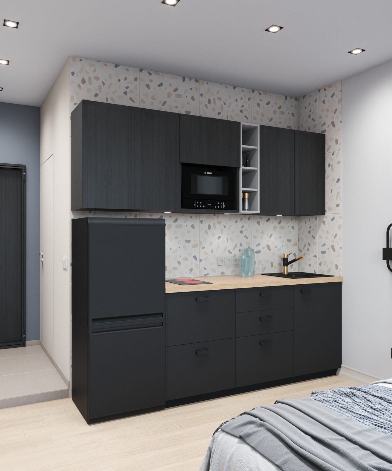 Студия для аренды с пятнистой плиткой