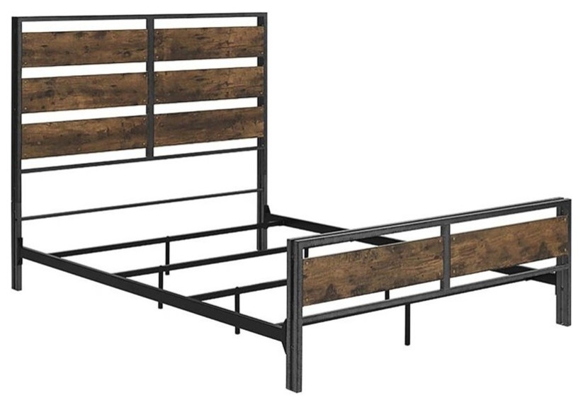 Pemberly Row Queen Metal and Wood Plank Panel Bed in Brown