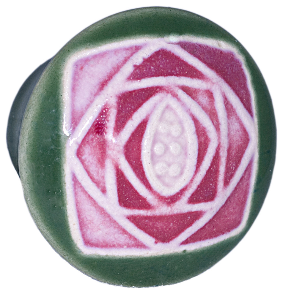 Round Ceramic Rose Knob, Green and Mauve