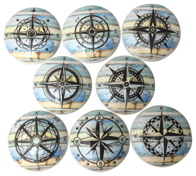 8 Piece Blue And Yellow Weathered Wood Compass Nautical Wood