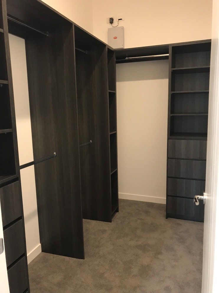 Mid-sized contemporary gender-neutral walk-in wardrobe in Brisbane with open cabinets, dark wood cabinets, carpet and grey floor.