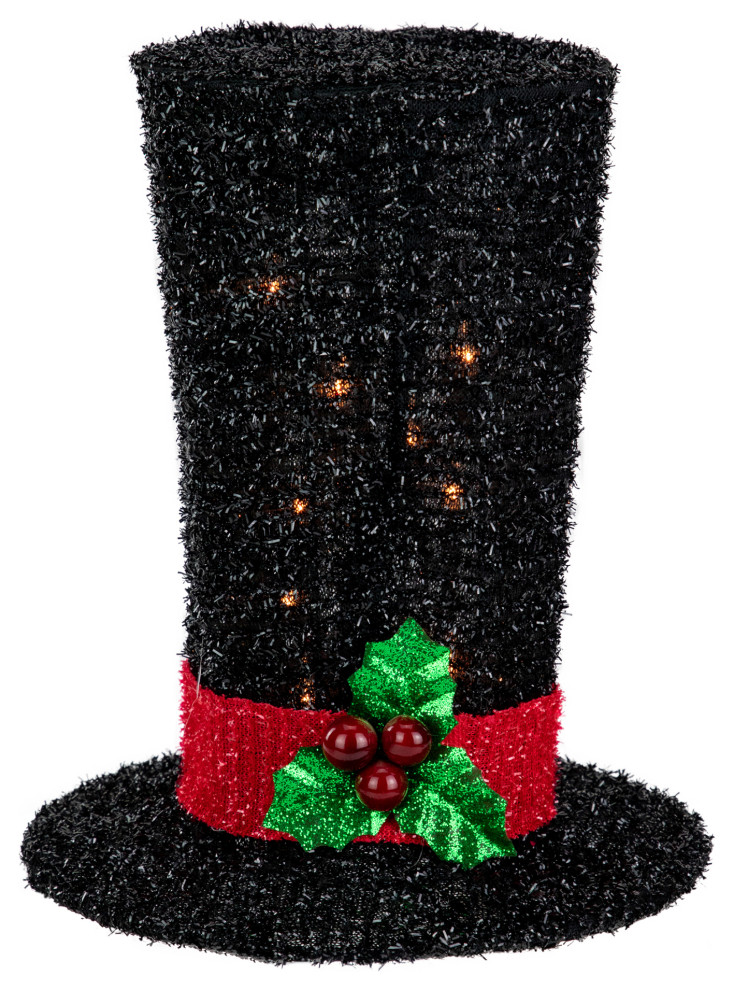 9.25" Lighted Black Tinsel Top Hat Christmas Tree Topper Clear Lights Modern Christmas