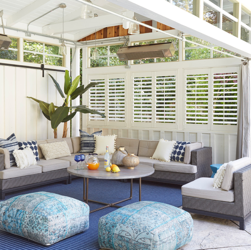 Design ideas for a mid-sized beach style backyard patio in San Francisco with a gazebo/cabana.