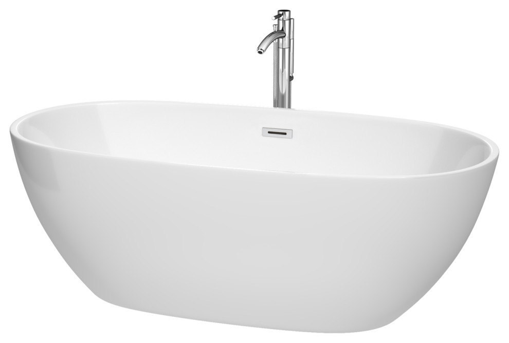 Juno 67" Freestanding White Bathtub, Polished Chrome Tub Filler & Trim