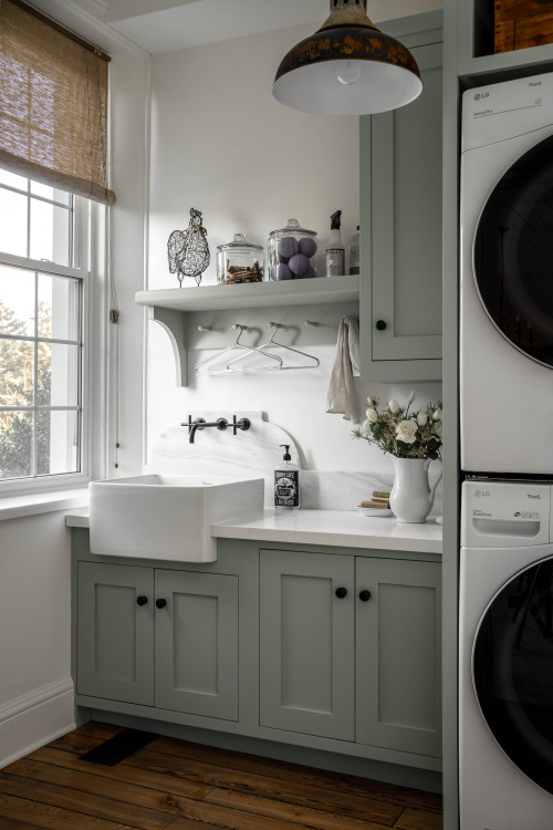 Green Shaker Cabinets for Modern Style Small Laundry Room